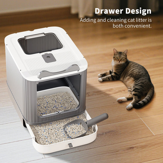 Enclosed Foldable Cat Litter Box with Drawer Tray and Top Exit