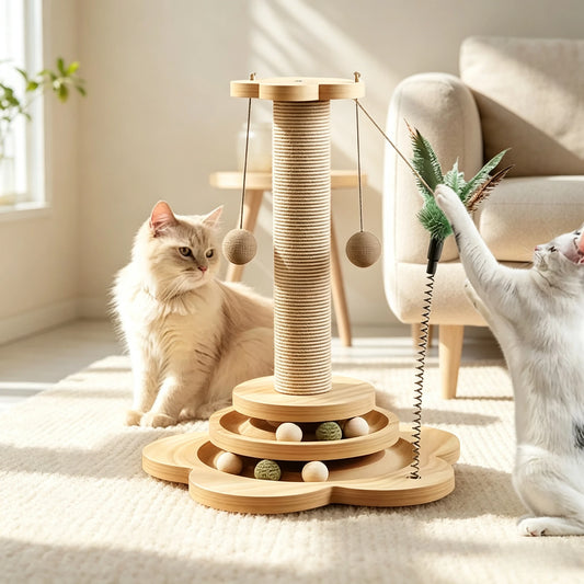 Solid Wood Cat Scratching Activity Center with Sisal and Toys