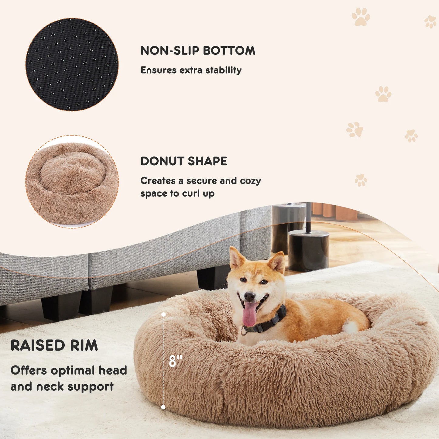 Calming Round Fluffy Faux Fur Dog Bed for Large Dogs