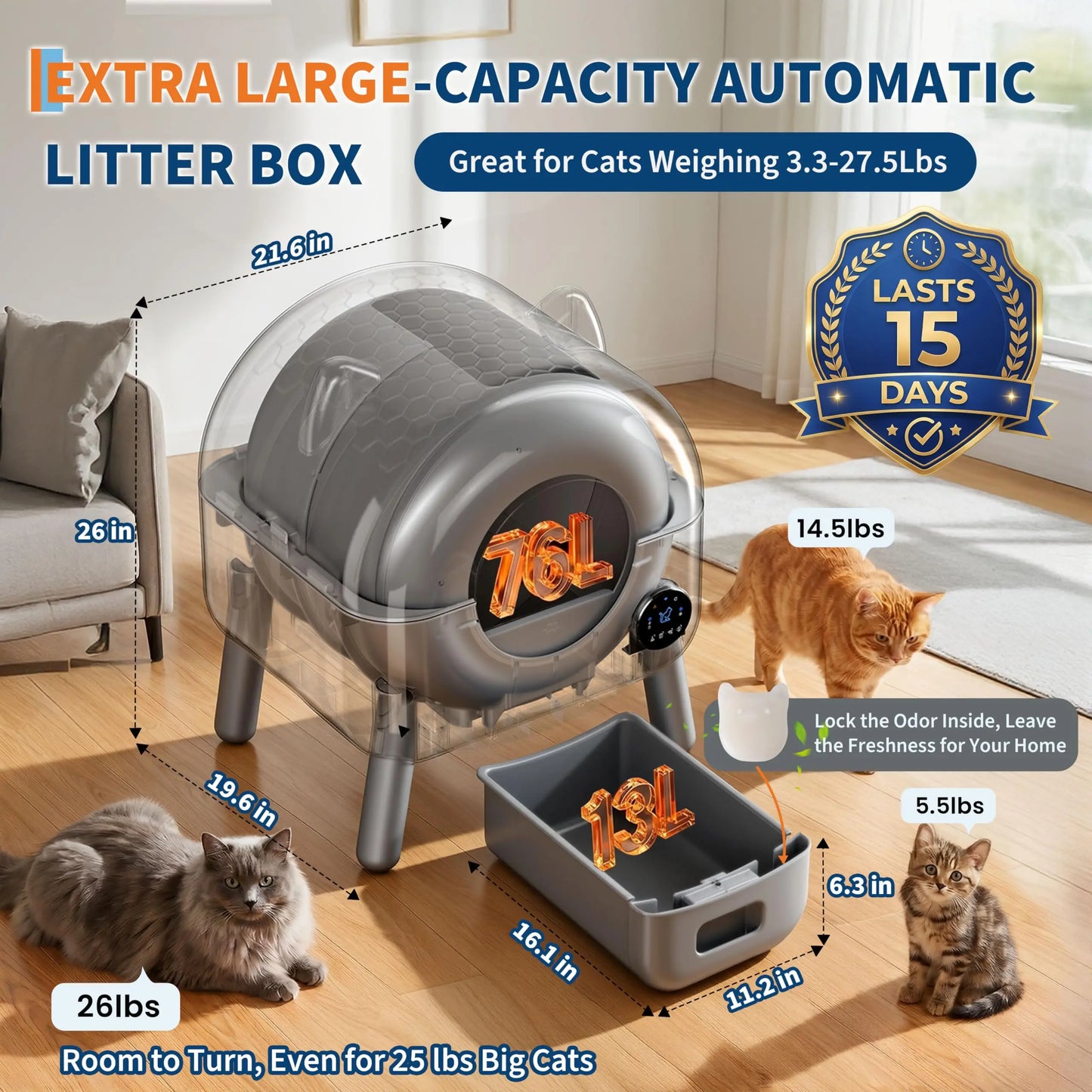72L Automatic Self-Cleaning Cat Litter Box with App Control