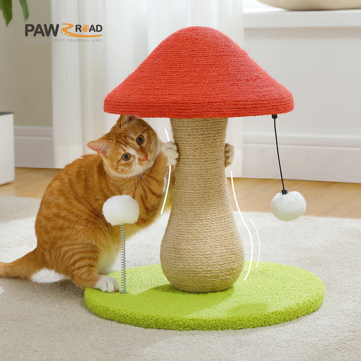 Mushroom Cat Scratching Post with Sisal and Pompom Toys