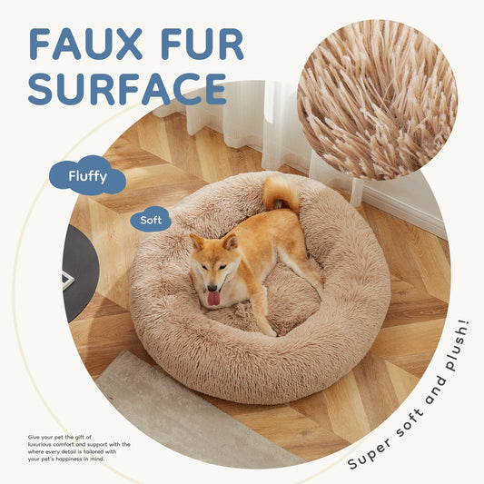 Round Faux Fur Plush Dog Bed with Anti-Slip Washable Design