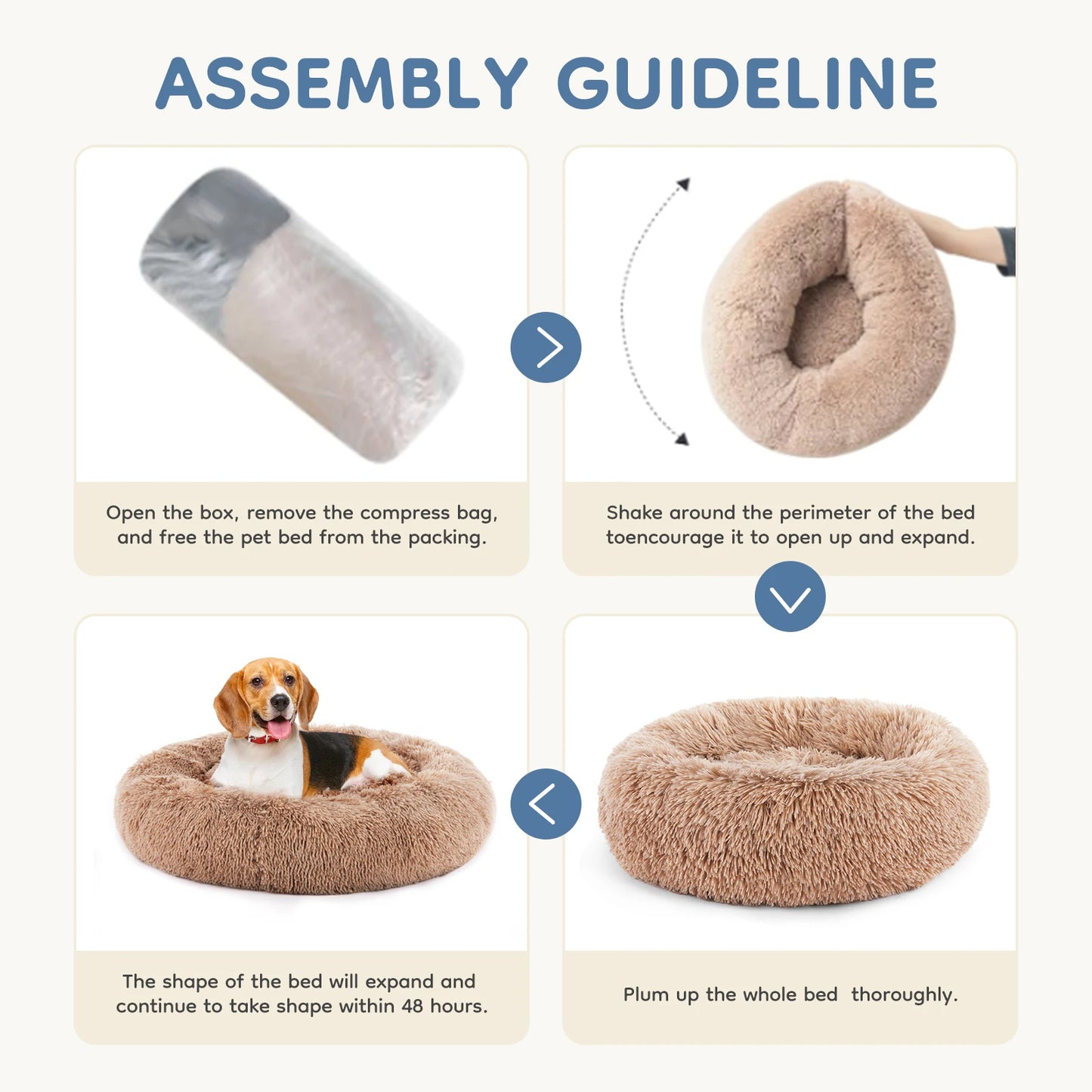 Round Faux Fur Plush Dog Bed with Anti-Slip Washable Design