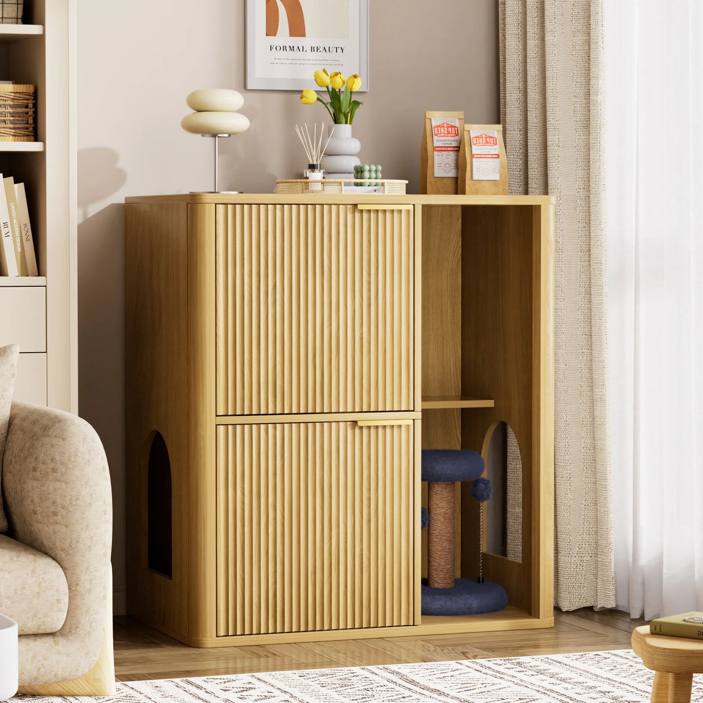 31.5" Wooden Cat Litter Cabinet with Cat Tree and Storage