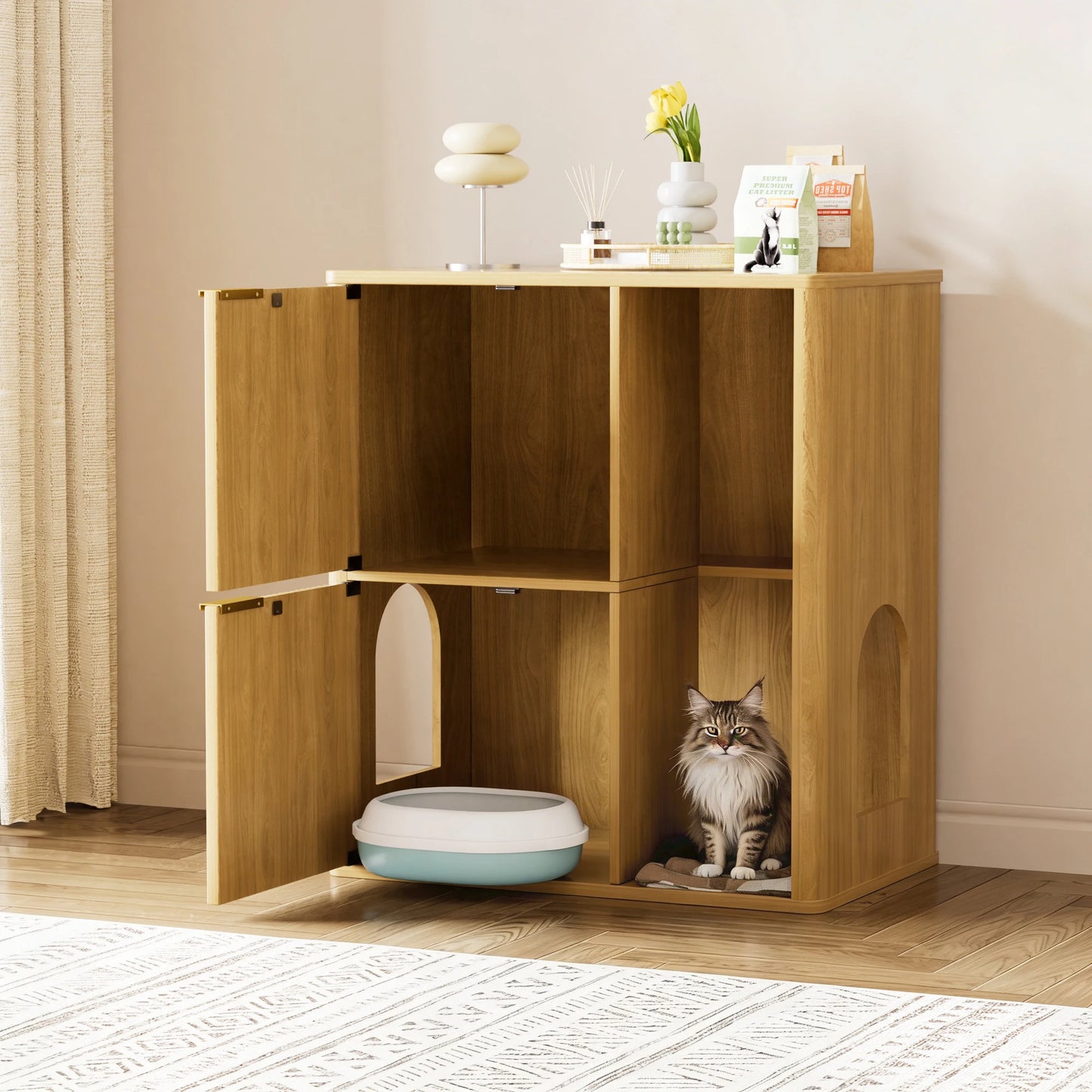 31.5" Wooden Cat Litter Cabinet with Cat Tree and Storage