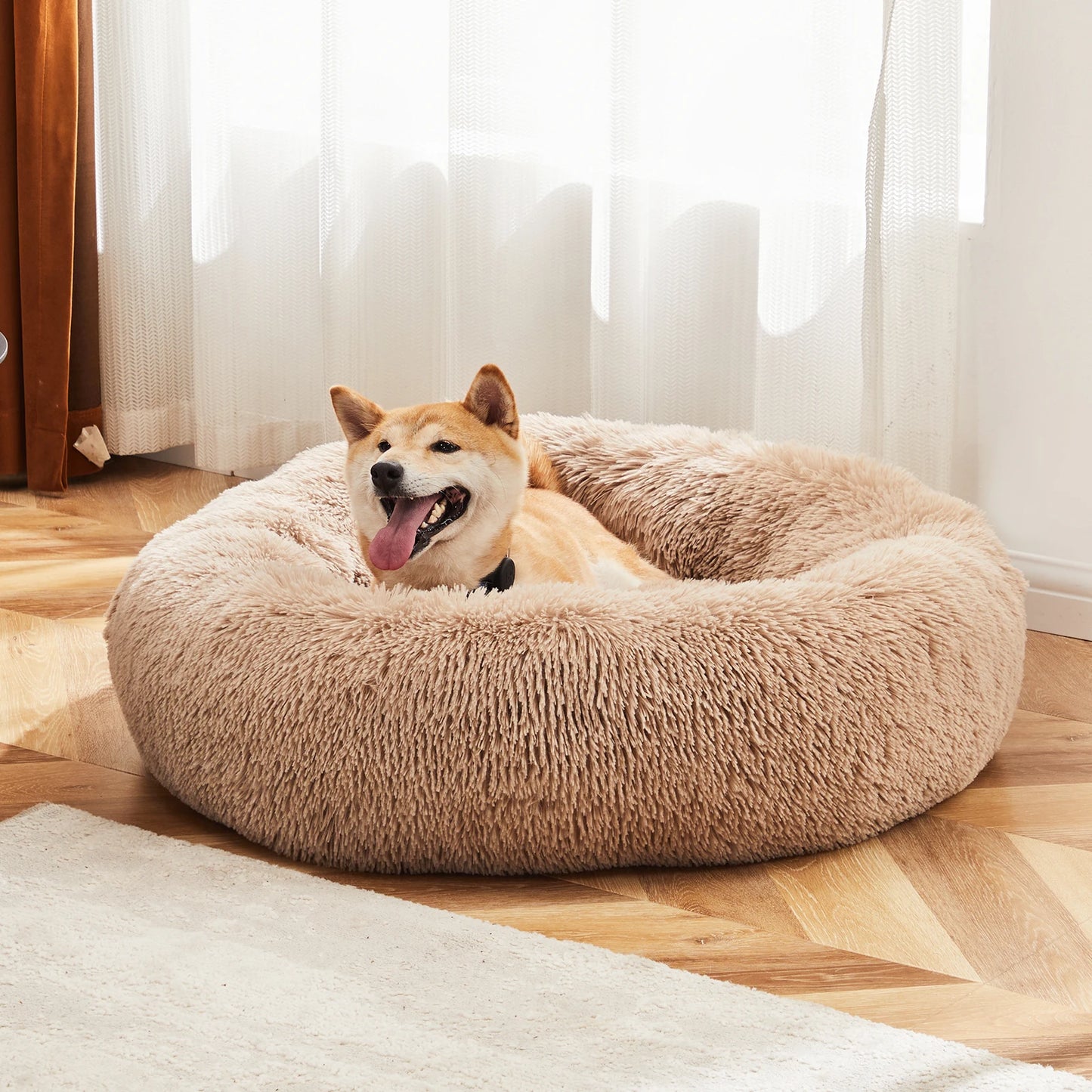 Calming Round Fluffy Faux Fur Dog Bed for Large Dogs