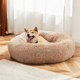 Calming Round Fluffy Faux Fur Dog Bed for Large Dogs