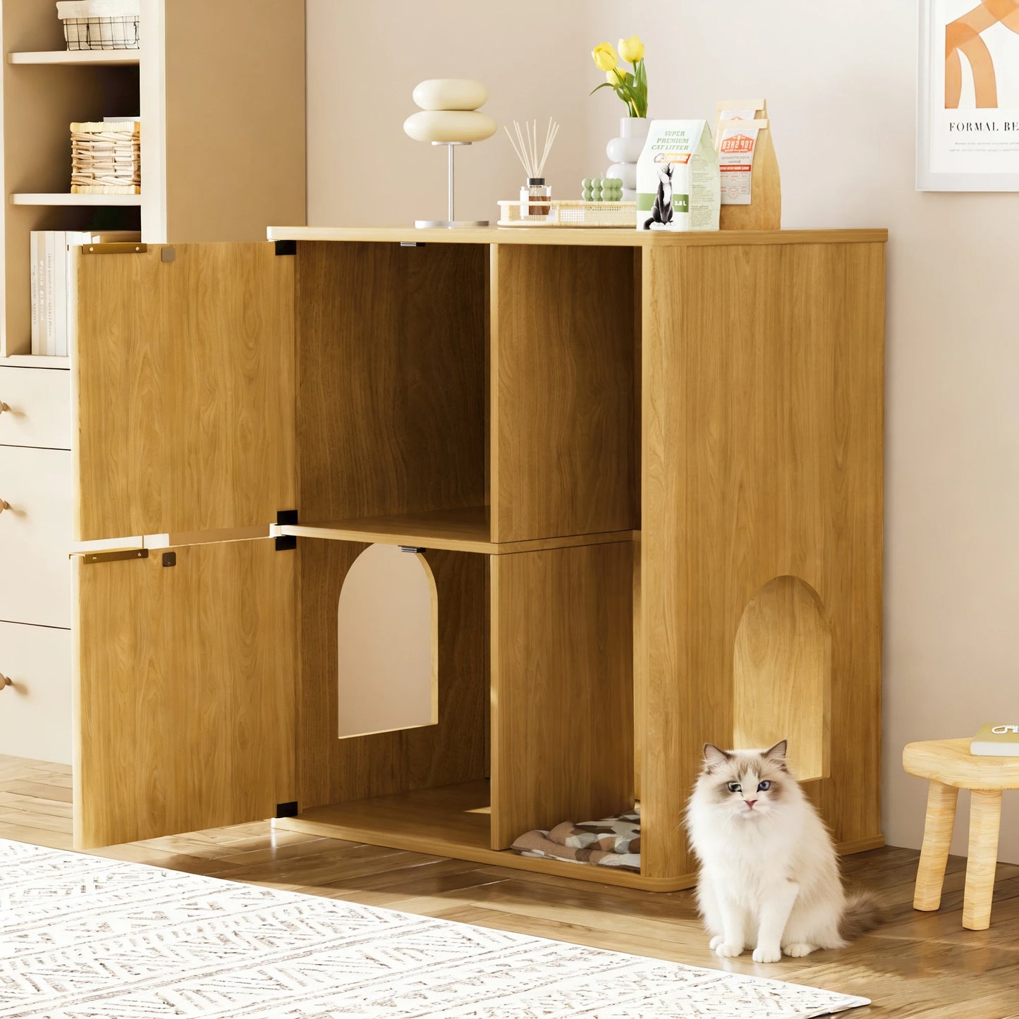 31.5" Wooden Cat Litter Cabinet with Cat Tree and Storage