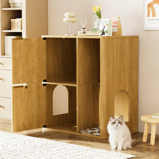 31.5" Wooden Cat Litter Cabinet with Cat Tree and Storage