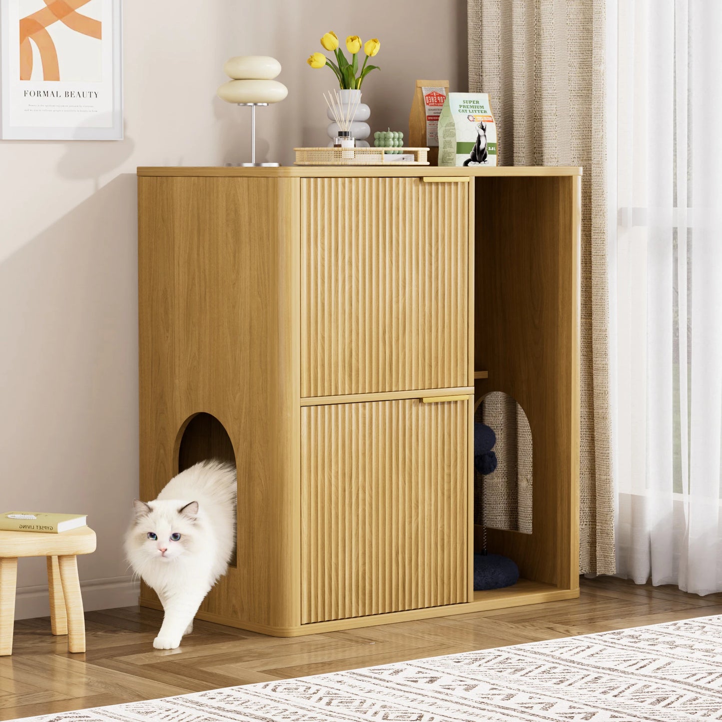 31.5" Wooden Cat Litter Cabinet with Cat Tree and Storage