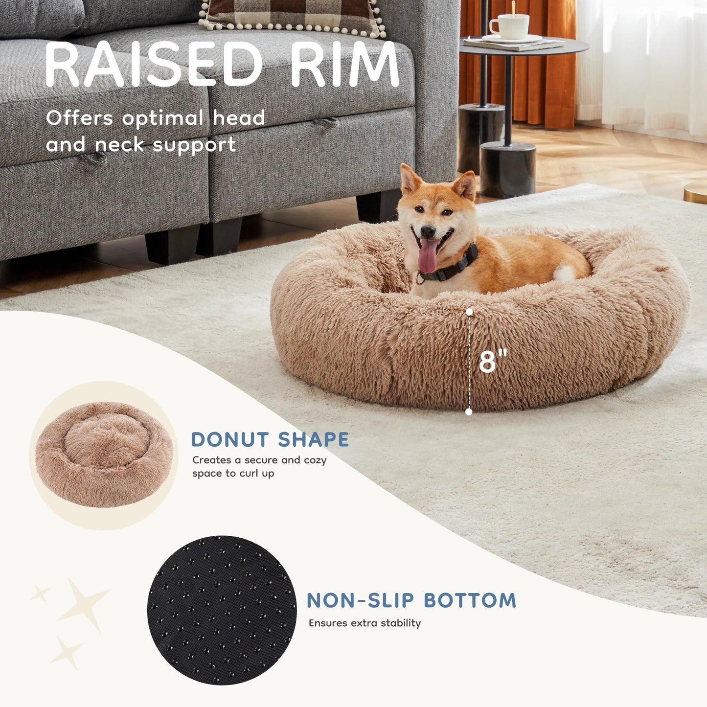 Round Faux Fur Plush Dog Bed with Anti-Slip Washable Design