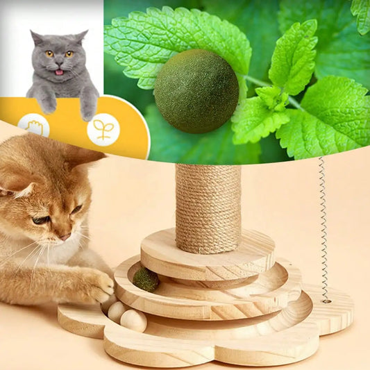 Solid Wood Cat Scratching Activity Center with Sisal and Toys