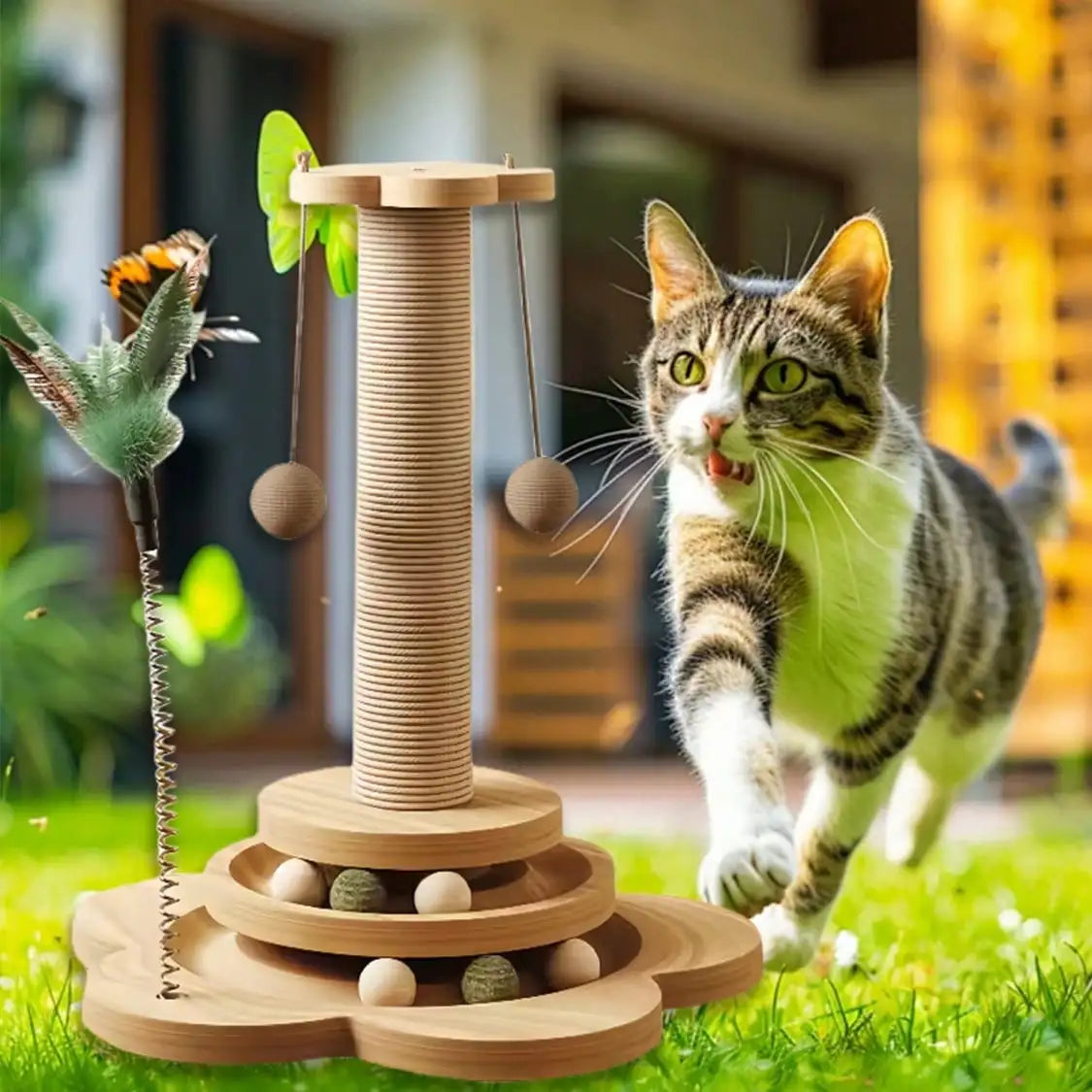 Solid Wood Cat Scratching Activity Center with Sisal and Toys