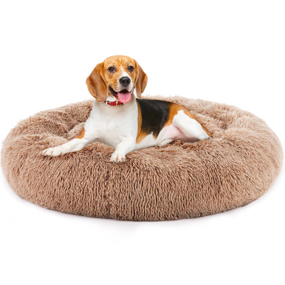 Calming Round Fluffy Faux Fur Dog Bed for Large Dogs