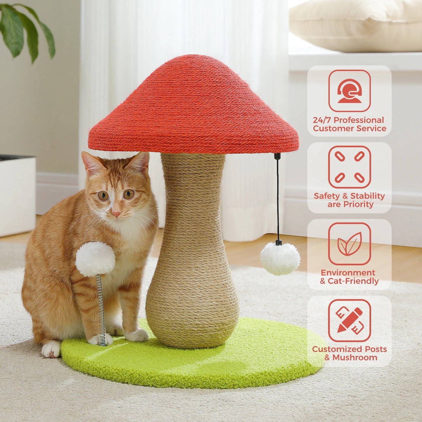 Mushroom Cat Scratching Post with Sisal and Pompom Toys