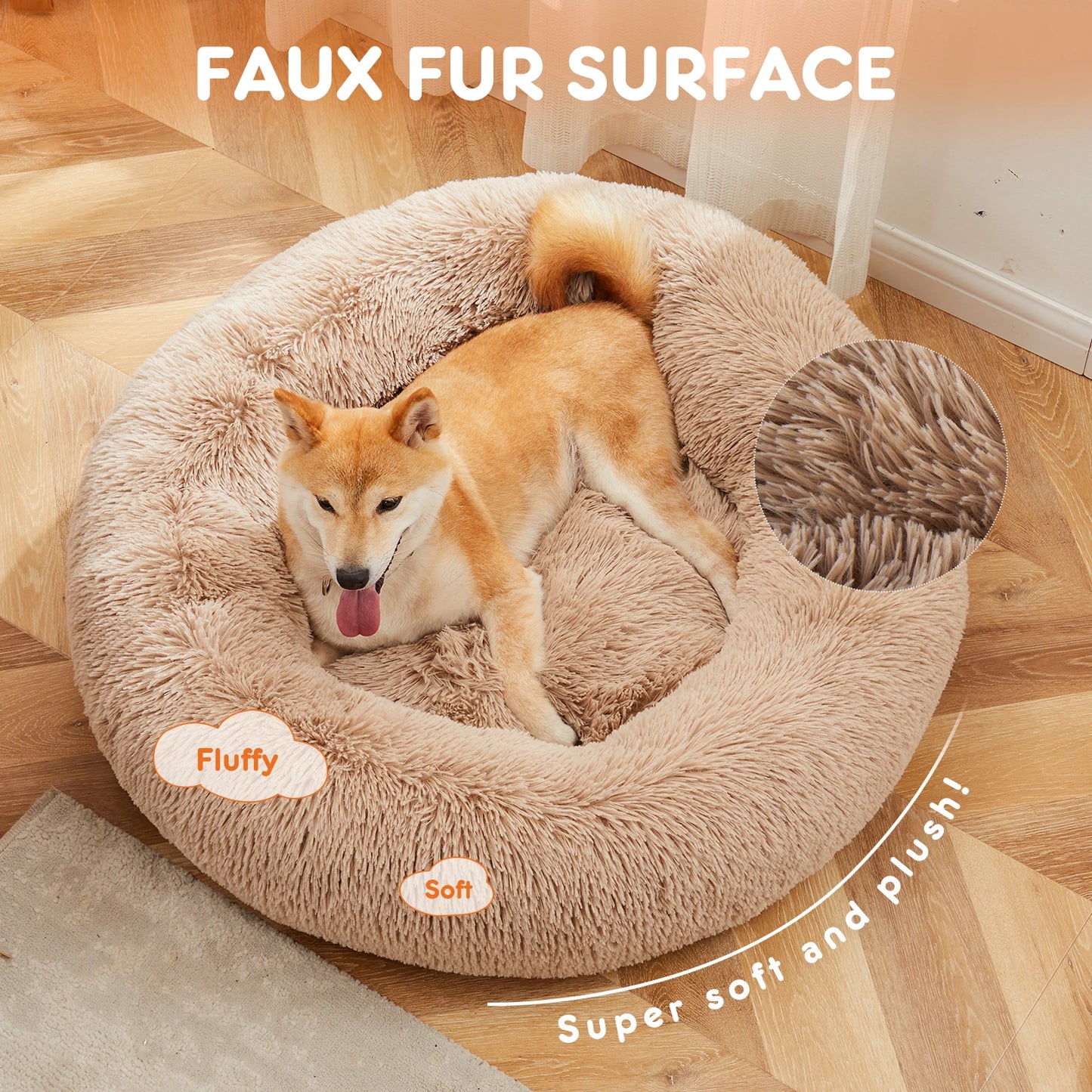 Calming Round Fluffy Faux Fur Dog Bed for Large Dogs