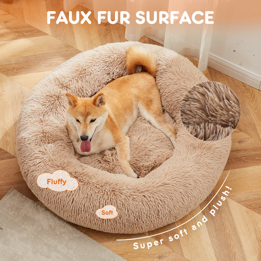 Calming Round Fluffy Faux Fur Dog Bed for Large Dogs