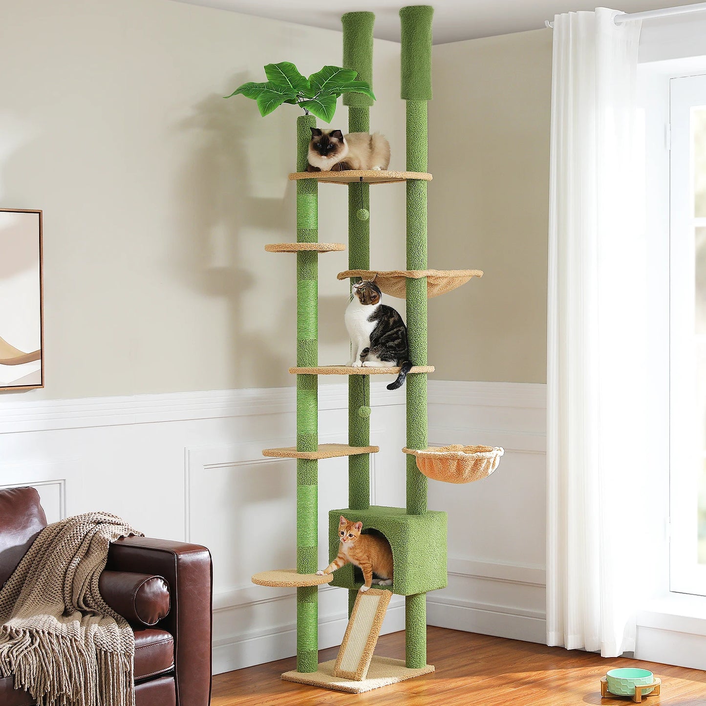 Adjustable Floor-to-Ceiling Cat Tree with Hammock and Condo