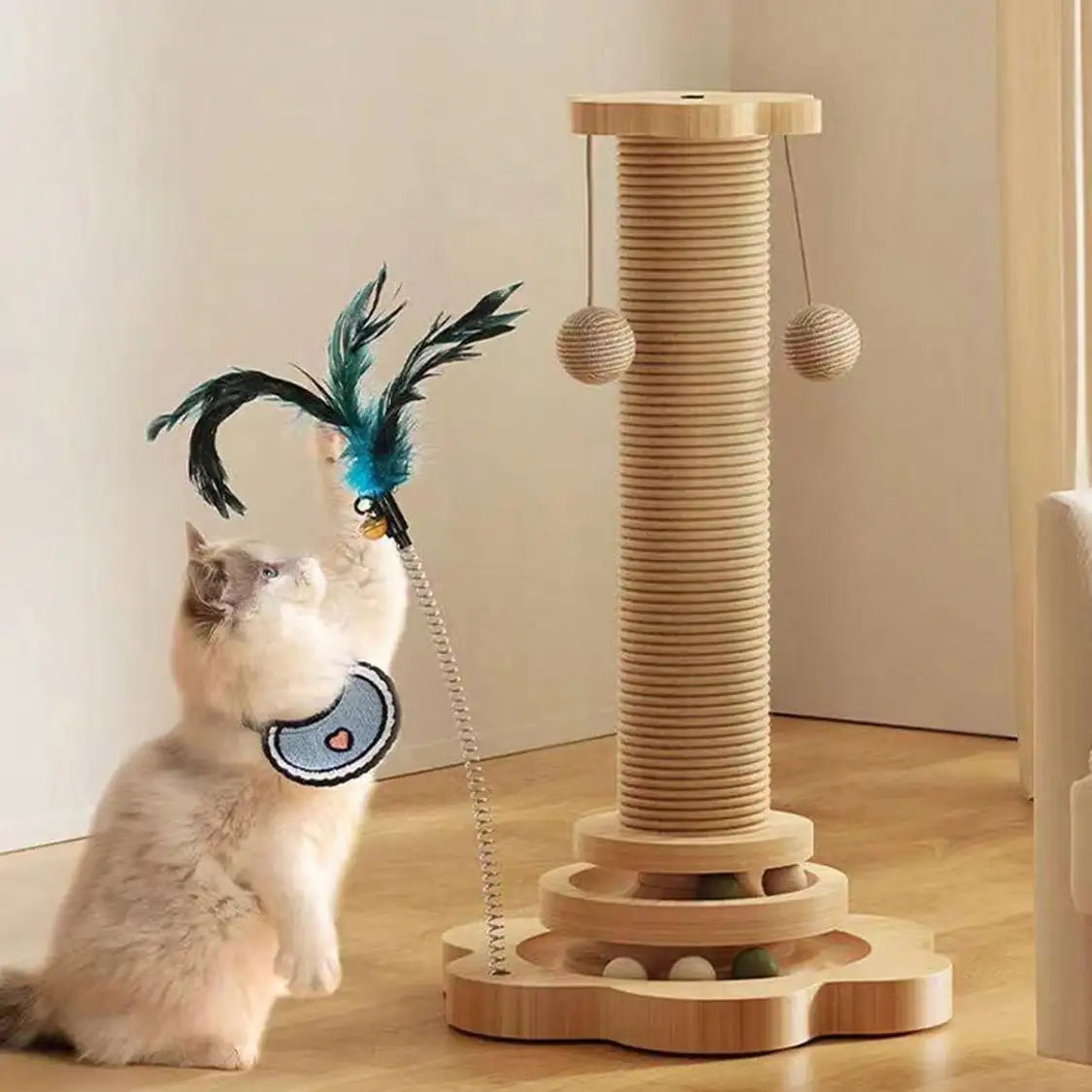 Solid Wood Cat Scratching Activity Center with Sisal and Toys